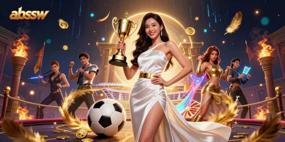 Experience winning moments at abssw with a confident Asian woman holding a trophy amidst vibrant casino elements.