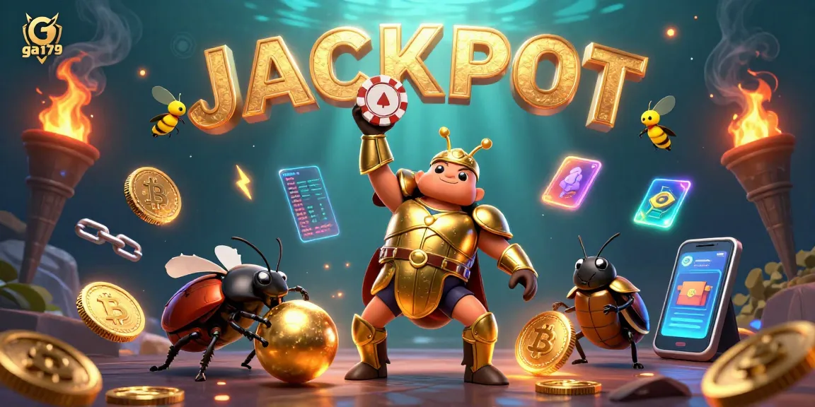 Experience a thrilling win with ga179 in this vibrant gambling scene featuring a victorious beetle.