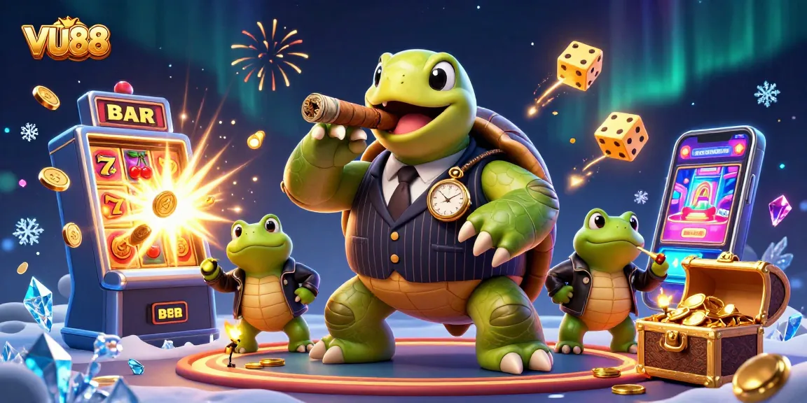 Experience VU88's vibrant casino atmosphere with a turtle mobster amidst jackpot excitement.