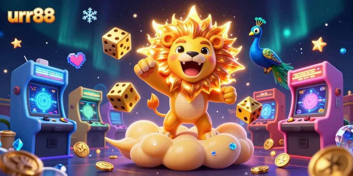 Play exciting games at urr88, featuring dynamic characters, colorful arcade elements, and vibrant casino graphics.