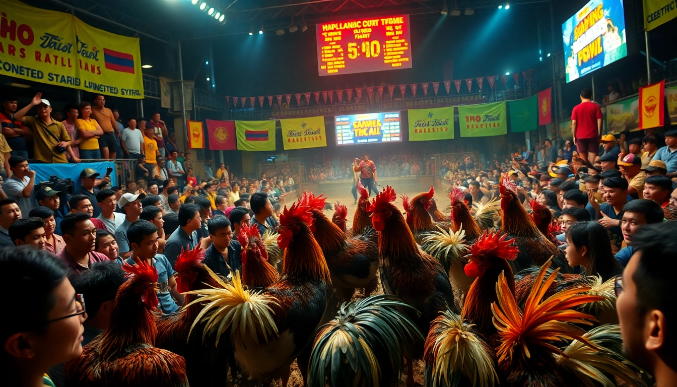 The excitement of dagatructiep 1 at a live cockfighting event, showcasing energetic roosters and an engaged crowd.
