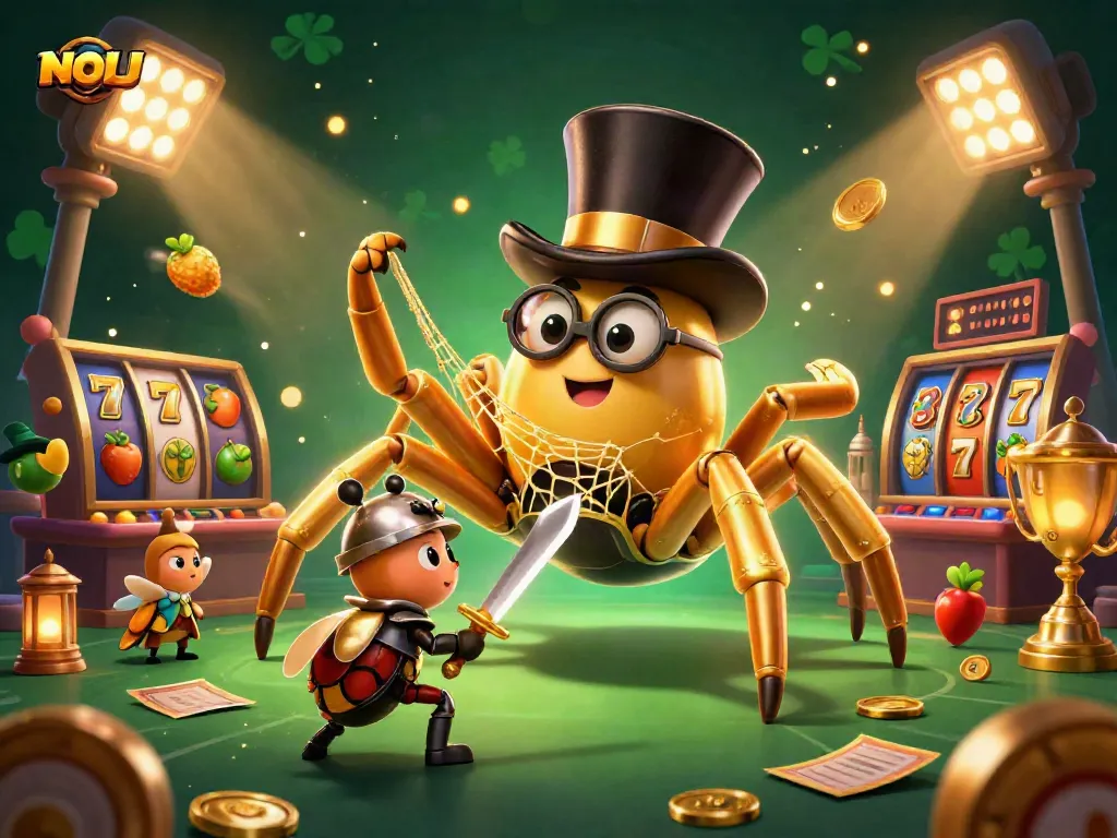 Engage with NOHU's dynamic gaming scene featuring a golden tarantula and beetle knight amidst thrilling slot action.
