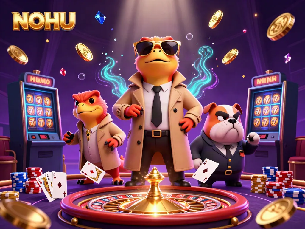 Navigating the VIP lounge at NOHU casino, raptors humorously disguised with golden shades and a mustache amidst sparkling gems and golden coins.