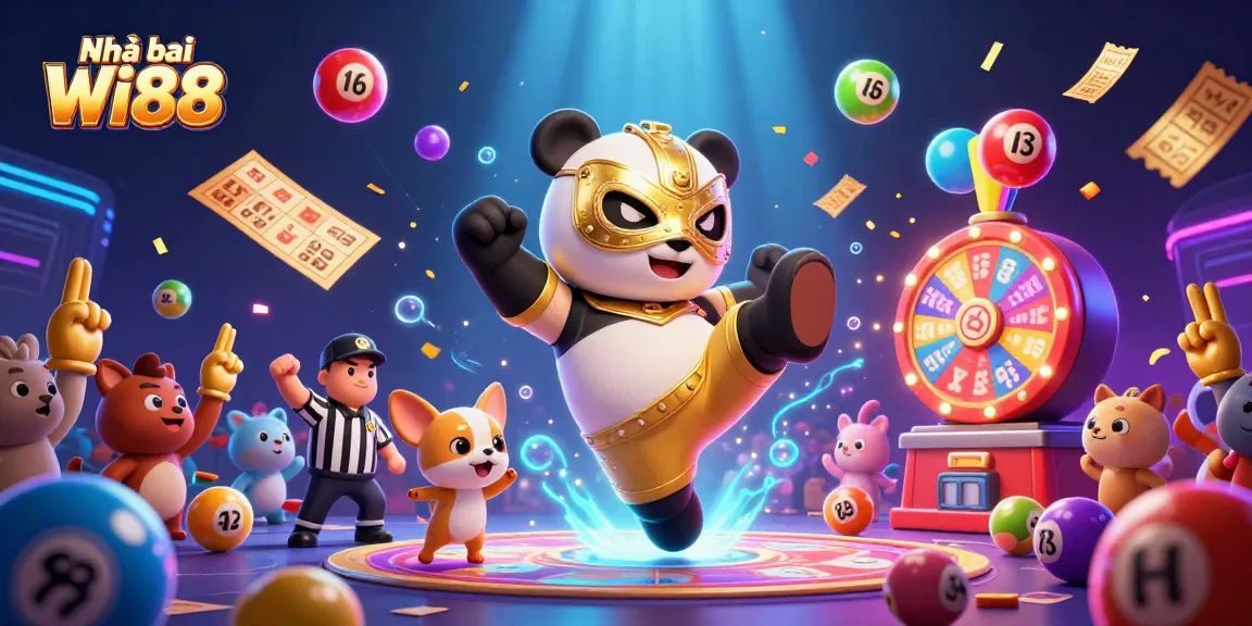 Engage with Nhà cái Wi88 featuring a dynamic scene of a wrestler panda and chihuahua referee amidst vibrant lottery elements.