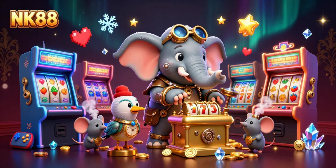 Play thrilling slots at NK88 with a vibrant cartoon theme showcasing an enchanting steampunk elephant and colorful gaming elements.