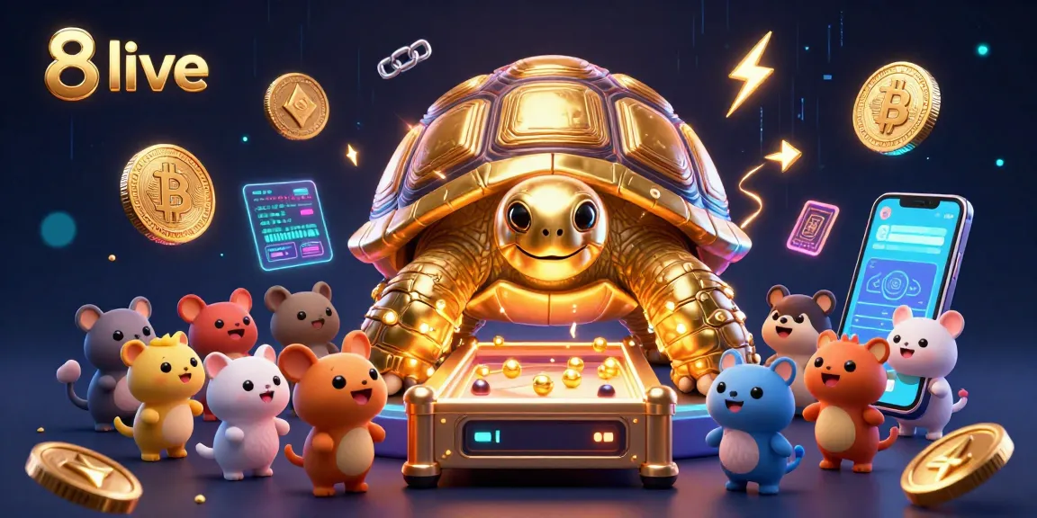 Engage in 8live's vibrant casino experience with a golden tortoise pinball machine and crypto elements.