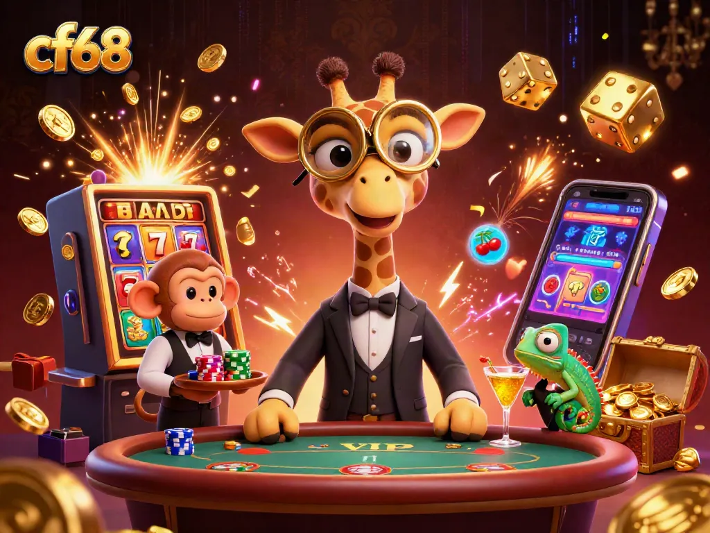 cf68 thrills with a high-roller giraffe enjoying luck at a lavish casino scene