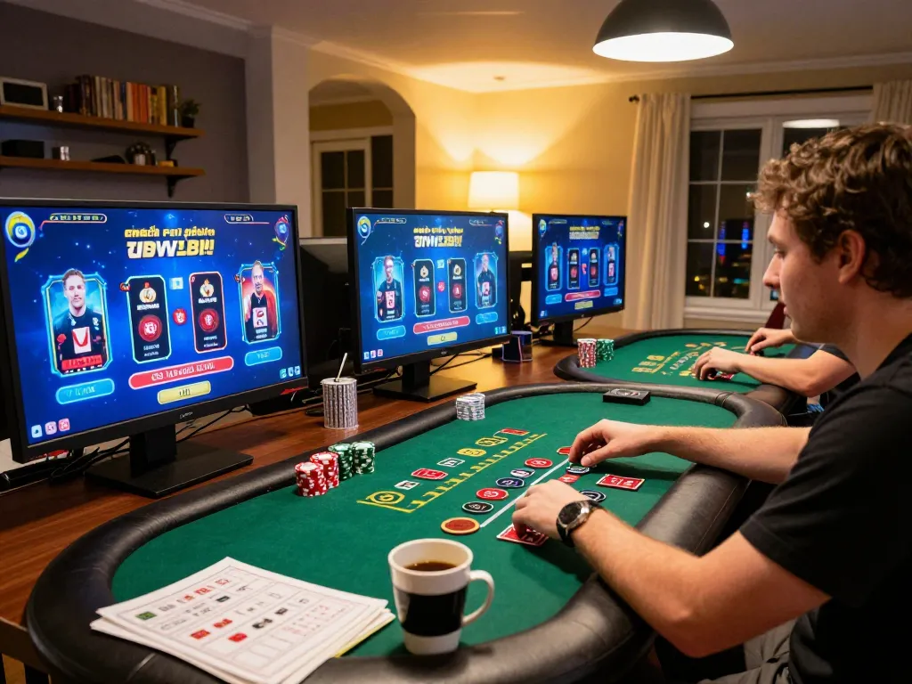 Engaged player enjoying khuyến mãi 789win during an online blackjack session at home.