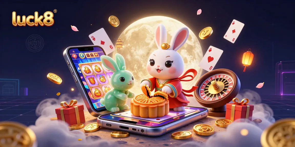 Experience luck8 with a vibrant 3D illustration of a moon rabbit revealing poker chips amidst exciting casino elements.
