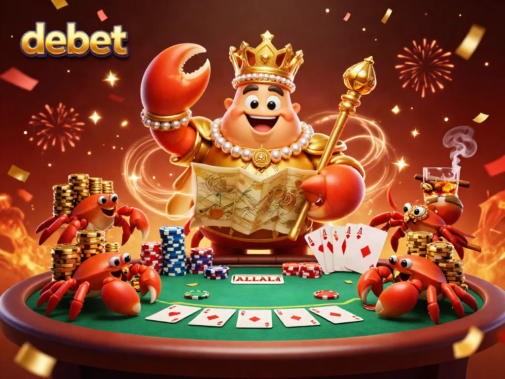 Engage with the Debet experience through festive 3D illustration of a crab emperor ruling the casino kingdom.