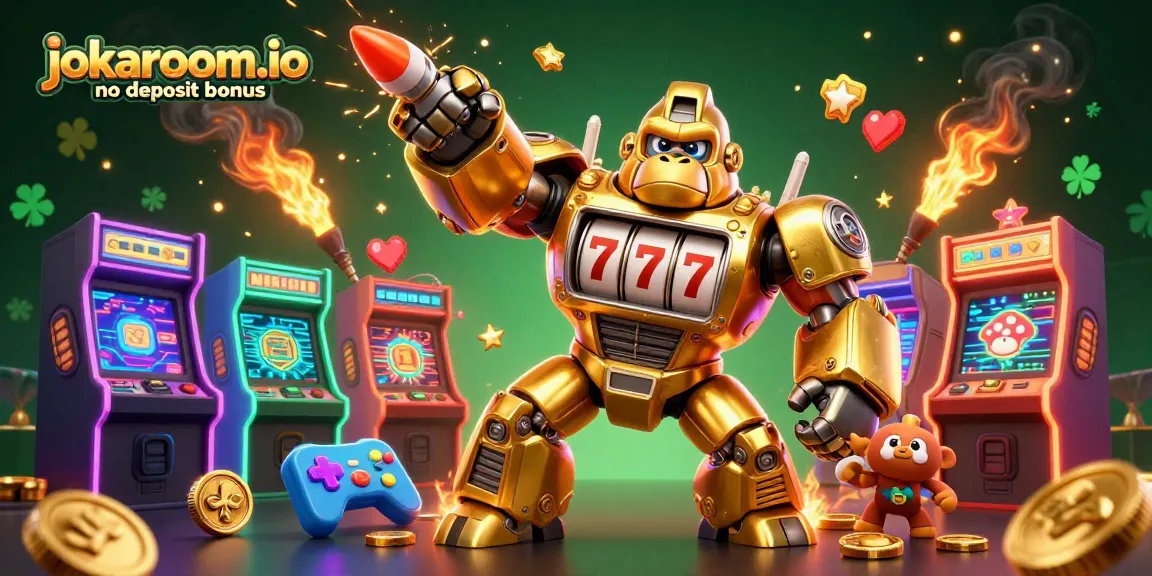 Experience the excitement of jokaroom.io no deposit bonus with a dynamic 3D golden gorilla mech in action.