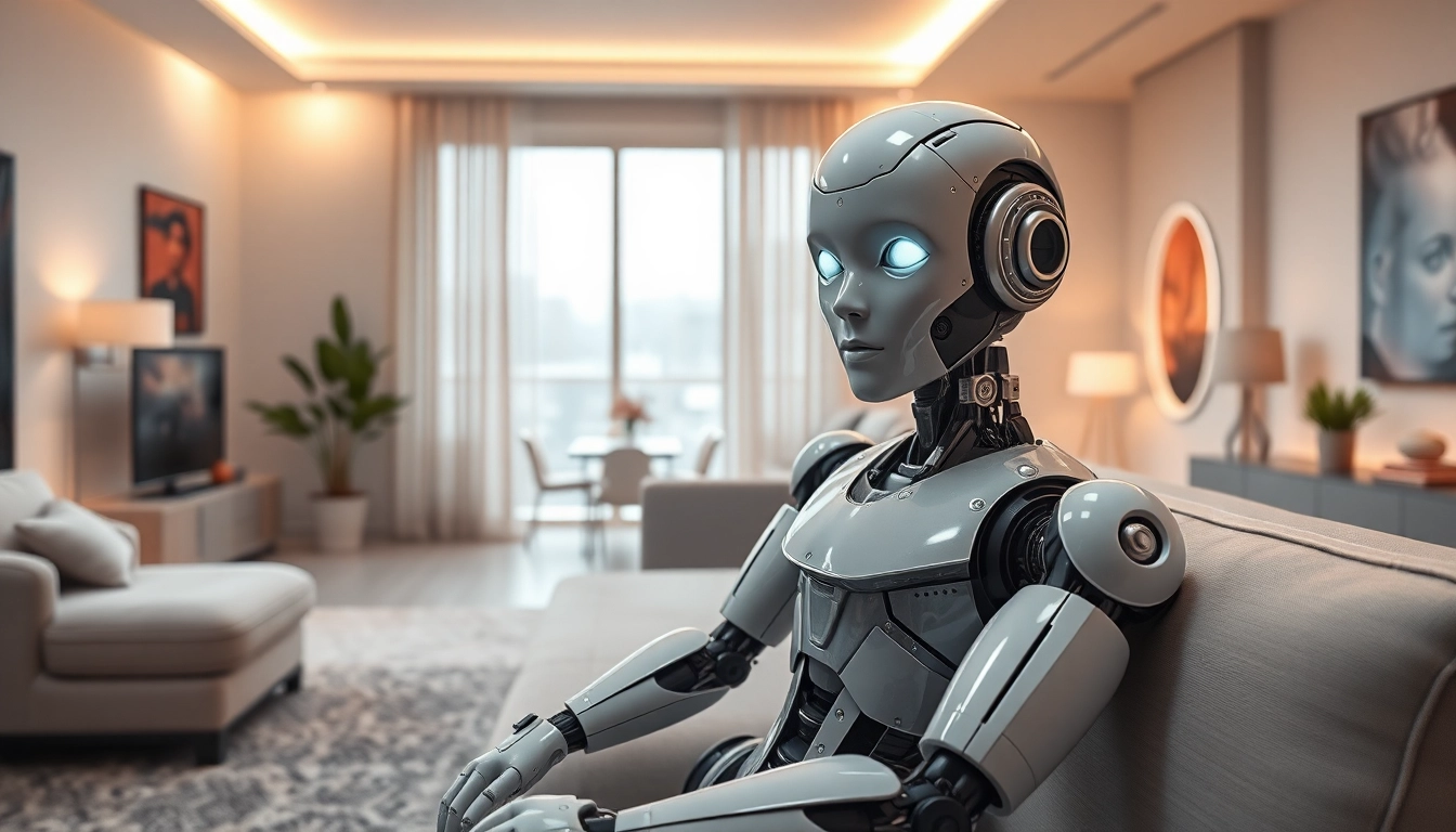 Futuristic living room with a realistic sex bot, showcasing advanced AI technology and modern design.