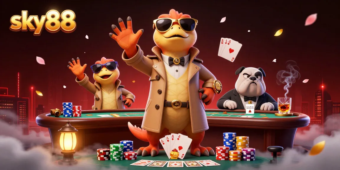 Experience thrilling gameplay at sky88 with cartoon raptors entering a VIP casino scene filled with poker elements.