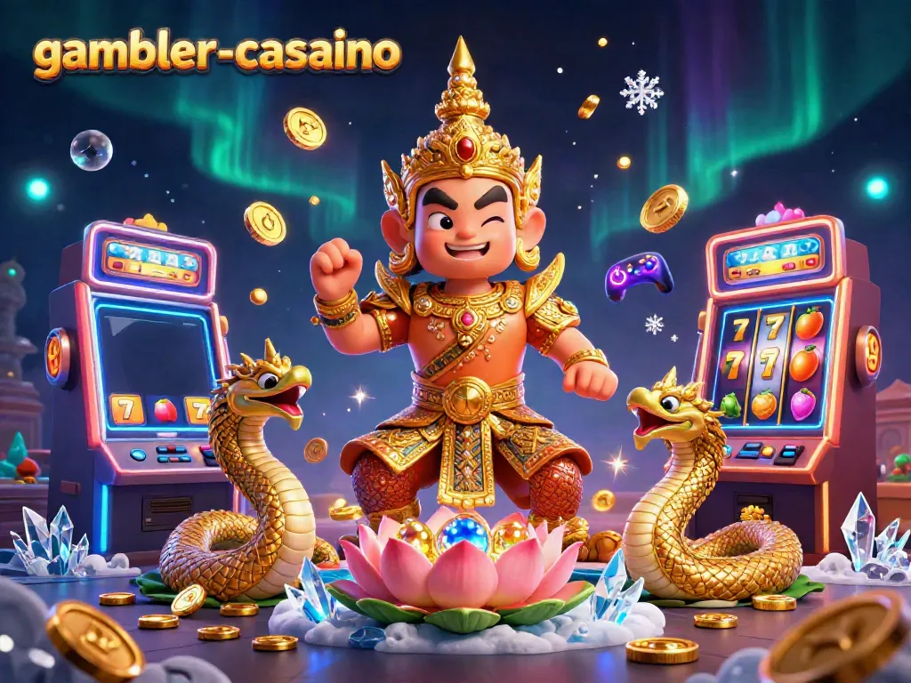 Spela på gambler-casino med en unik 3D-illustration av ett troll med gyllene rustningar bland spelmaskiner.