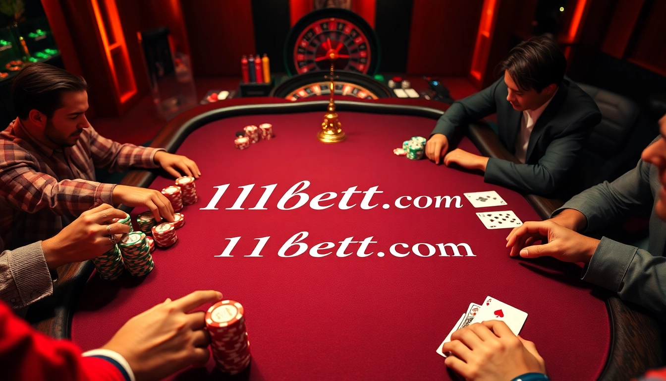 High-stakes poker game at 11bett.it.com with colorful chips and intense players.