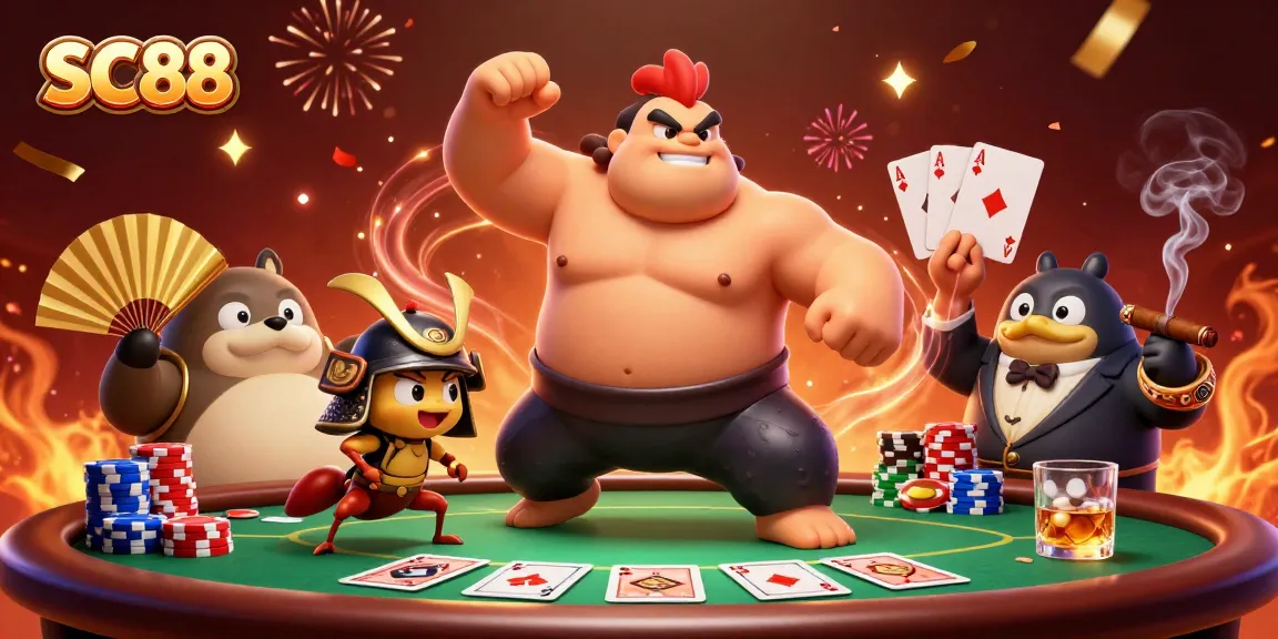 Experience SC88's thrilling poker action with festive characters and vibrant casino elements.