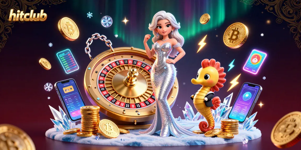 Win big at hitclub with stunning 3D casino illustration featuring roulette and cryptocurrency elements.