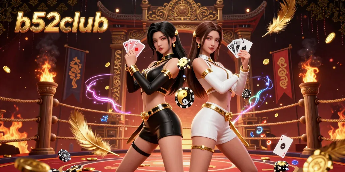 b52club showcases stunning twin Asian women with playing cards, surrounded by captivating casino imagery.