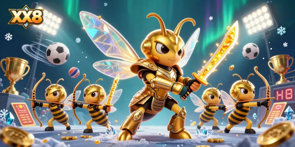 Engage in games at XX8 with a vibrant 3D scene of a golden hornet, enhancing the online gambling experience.