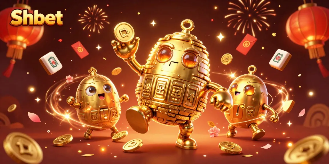 Experience thrilling gameplay with Shbet in a lively casino scene featuring golden golems and festive elements.
