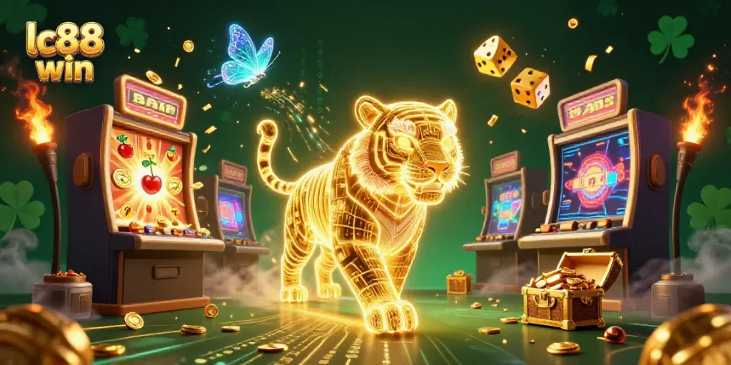 Engage with lc88 win in this vibrant digital casino scene featuring a glowing golden tiger and exciting slot games.