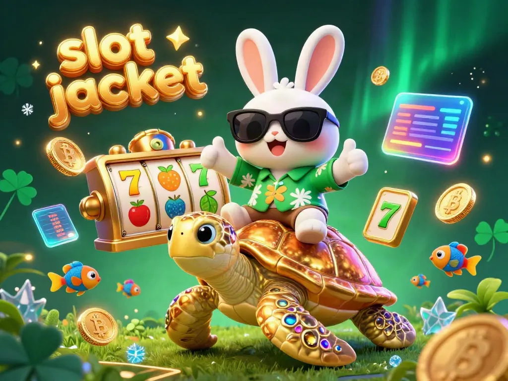 Spin for the slot jackpot with a cartoon lucky rabbit and golden turtle in a vibrant casino scene.