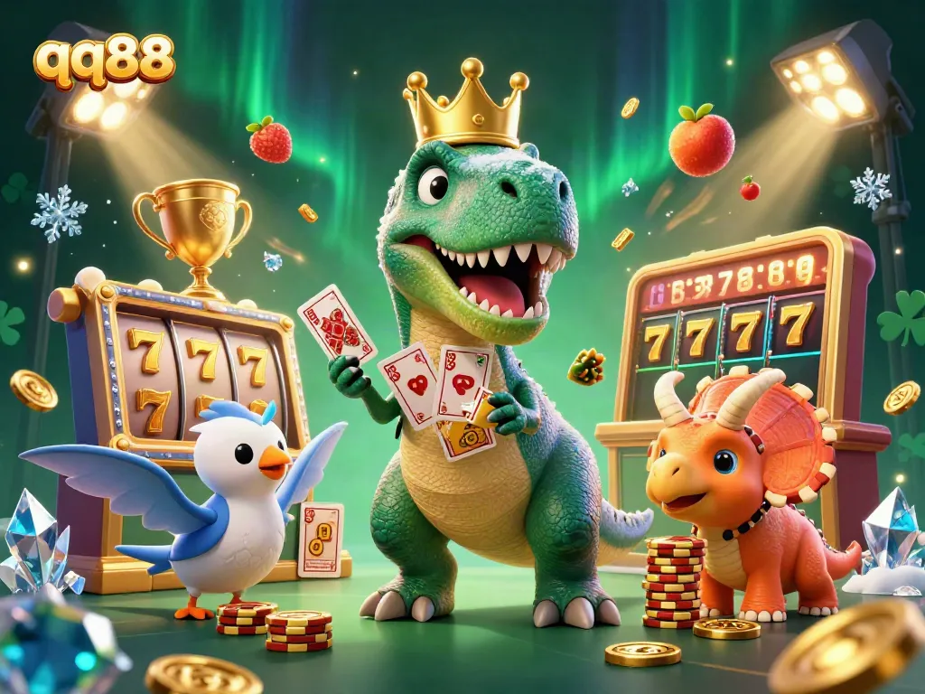 Engaging qq88 slots animation of a playful T-Rex shuffling cards with dynamic casino elements.