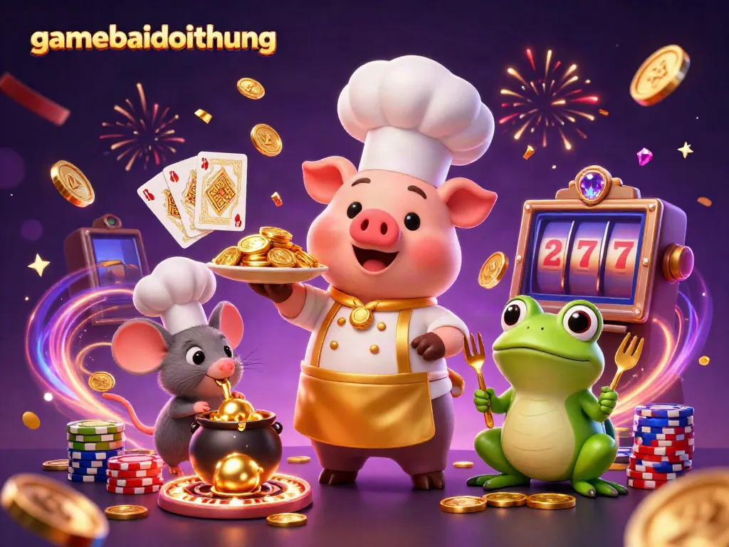 Experience the excitement of gamebaidoithuong with a vibrant 3D casino scene featuring characters serving gold coins and dynamic gambling elements.