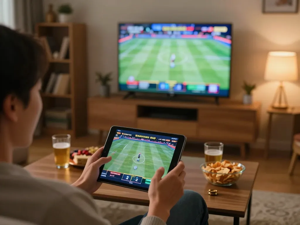Engaging in kèo nhà cái while watching sports on TV, depicting home betting excitement.