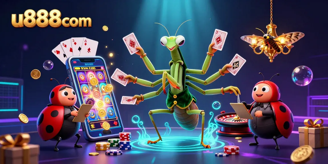 Experience thrilling gameplay at u888com with a vibrant casino scene featuring a giant mantis card sharp and ladybug pit boss.
