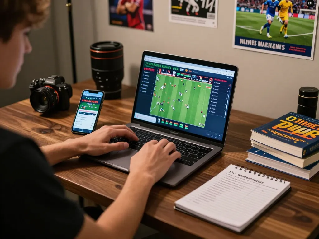 Person engaged in sports betting on laptop at home desk, reflecting strategic gameplay with nhacaiuytin44.