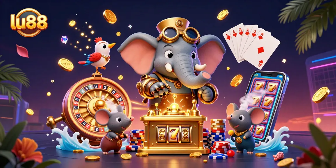 Engage with the dynamic world of lu88's casino games featuring steampunk characters, slot machines, and dazzling prizes.