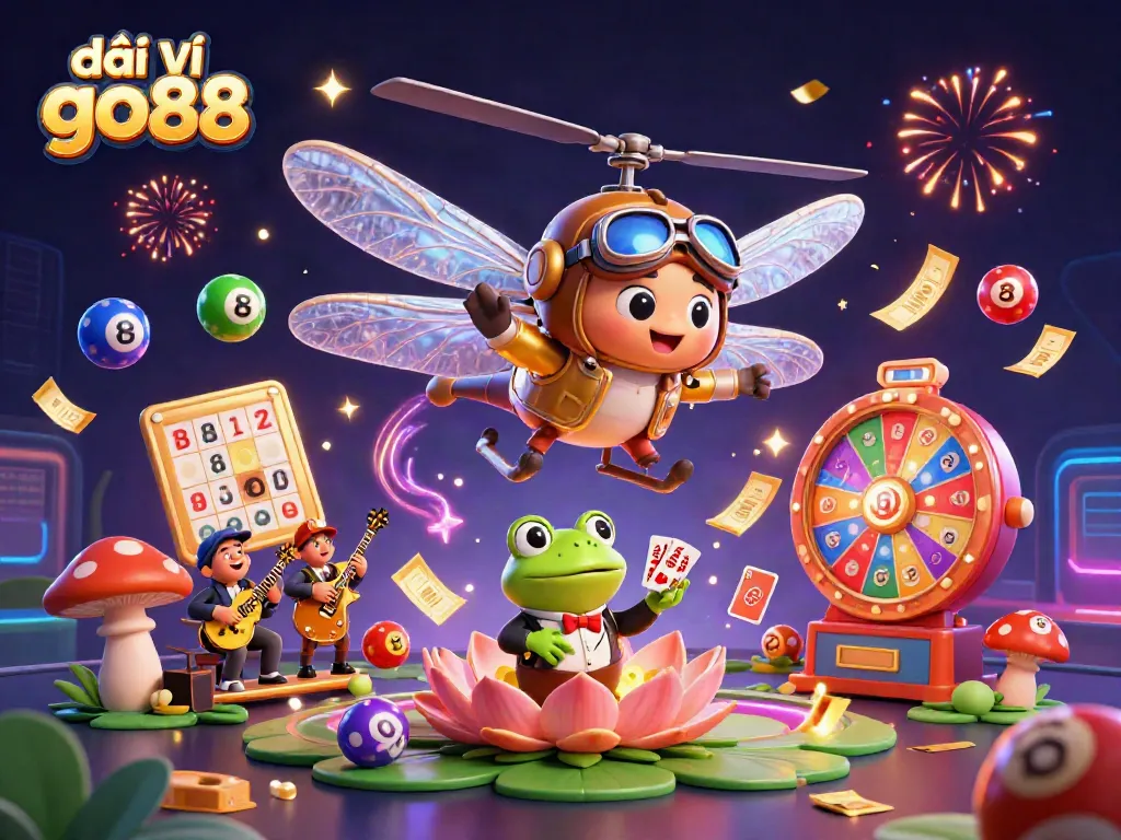 Experience fun with đại lý go88 as a dragonfly pilot hovers above a dazzling lily pad casino scene.