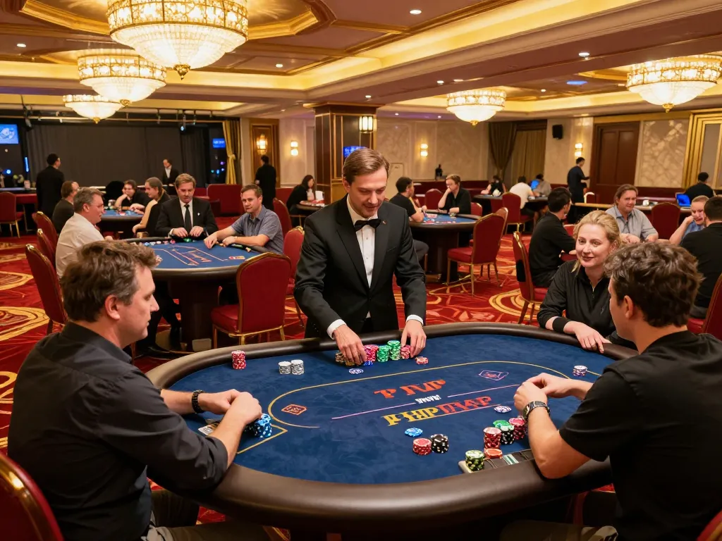 Players enjoy a thrilling poker game at PHPVIP's luxurious casino, showcasing strategy and excitement.