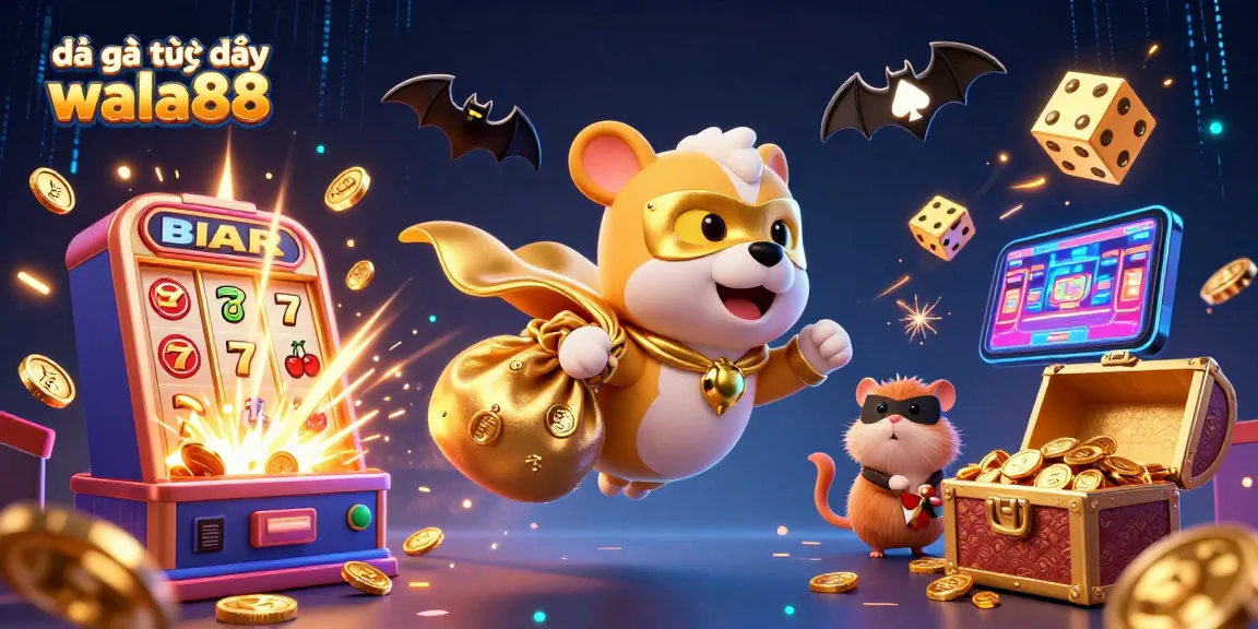 Engage in đá gà trực tiếp wala88 with an exciting 3D scene of dynamic characters and vibrant casino elements.