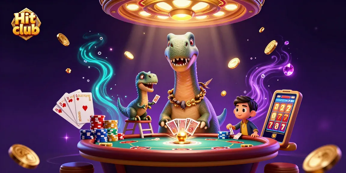Experience the thrilling world of Hit club with a colorful dinosaur dealer delightfully managing games under casino lights.