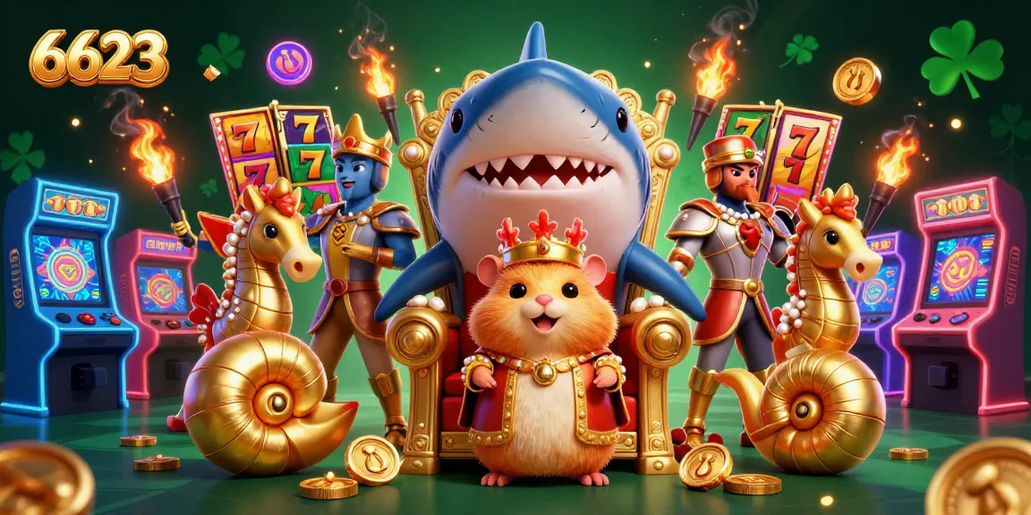 Experience winning at 6623 with a playful illustration of a hamster king and vibrant slot game elements.