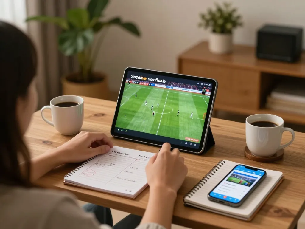 Socolive user enjoying live football streaming on a tablet with cozy home setup.