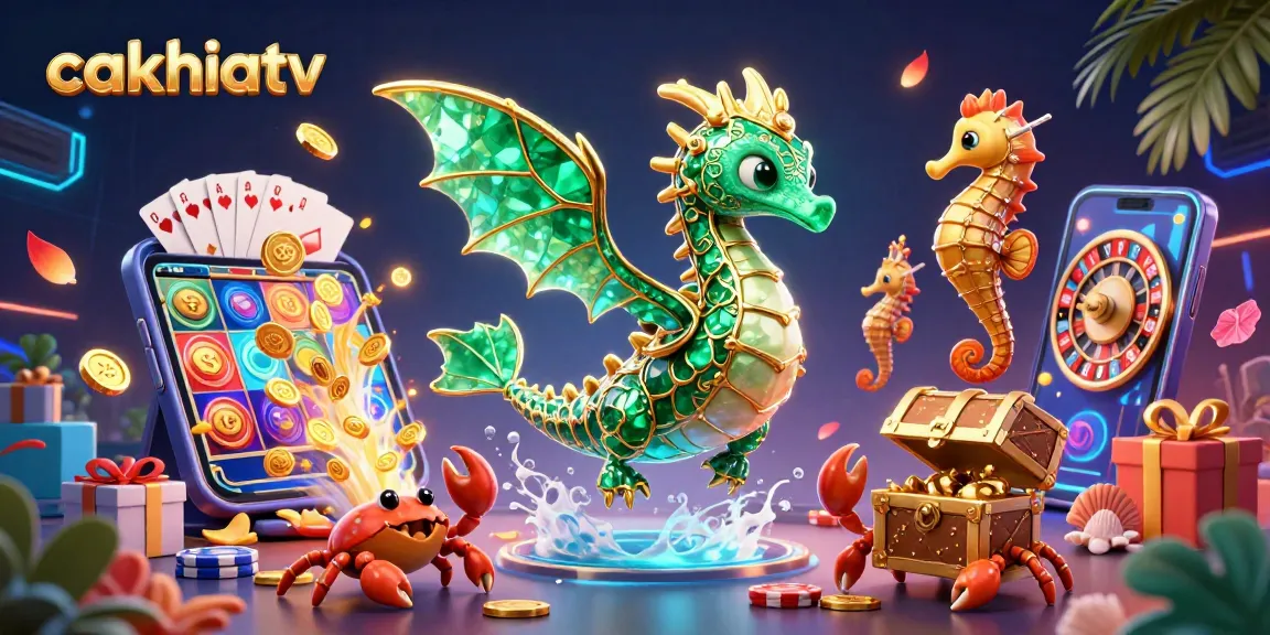 Win big with cakhiatv in this vibrant 3D sea dragon themed casino illustration showcasing exciting slots and games.