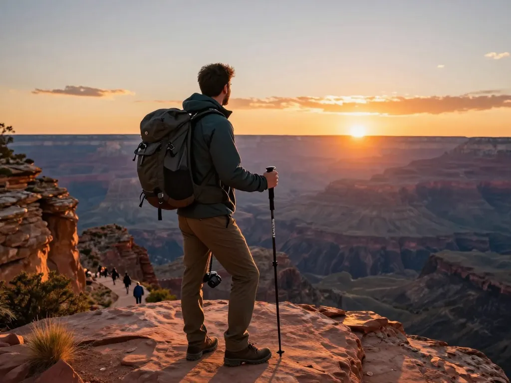 Adventurer at cliff edge during sunset, showcasing Fly88 spirit of exploration and outdoor adventure.