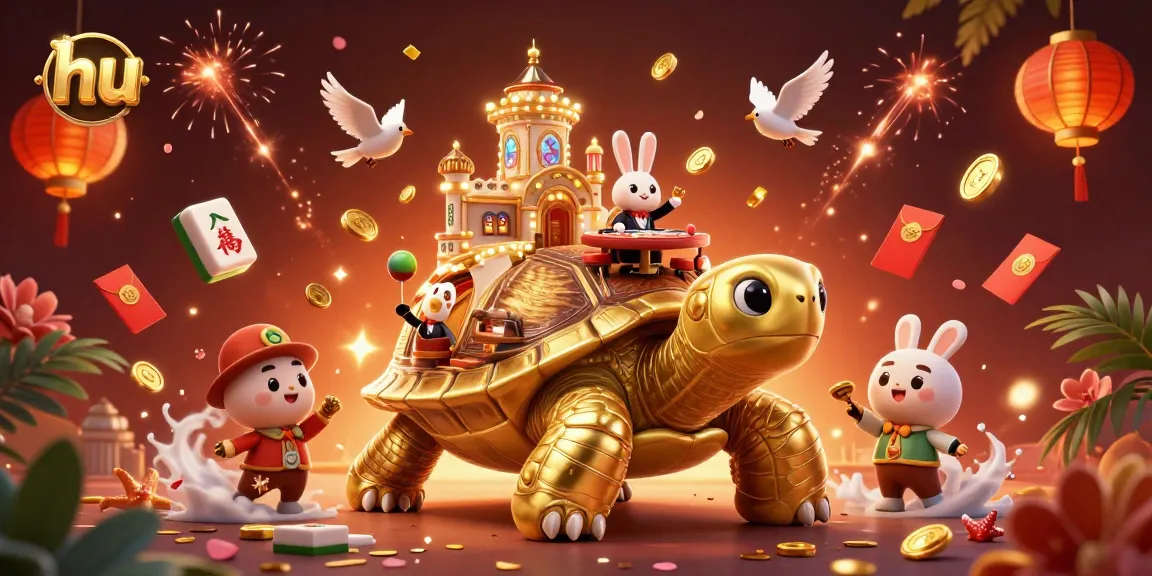Experience thrilling gaming at hu with a giant tortoise casino and rabbit dealer under a vibrant sky.