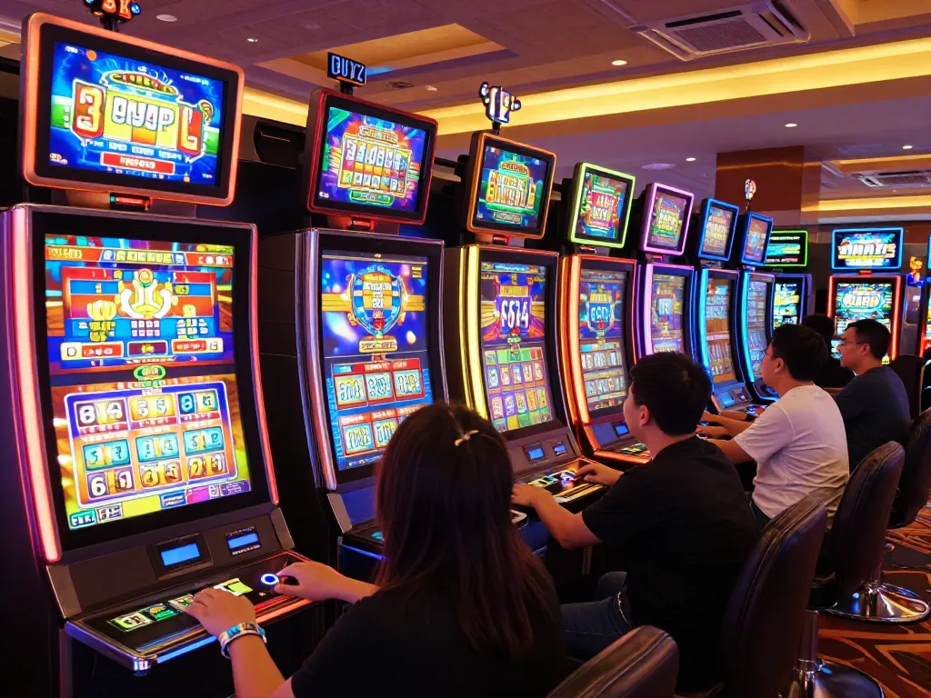 Players enjoying thrilling slot games at 88xx casino, surrounded by colorful machines and vibrant atmosphere.