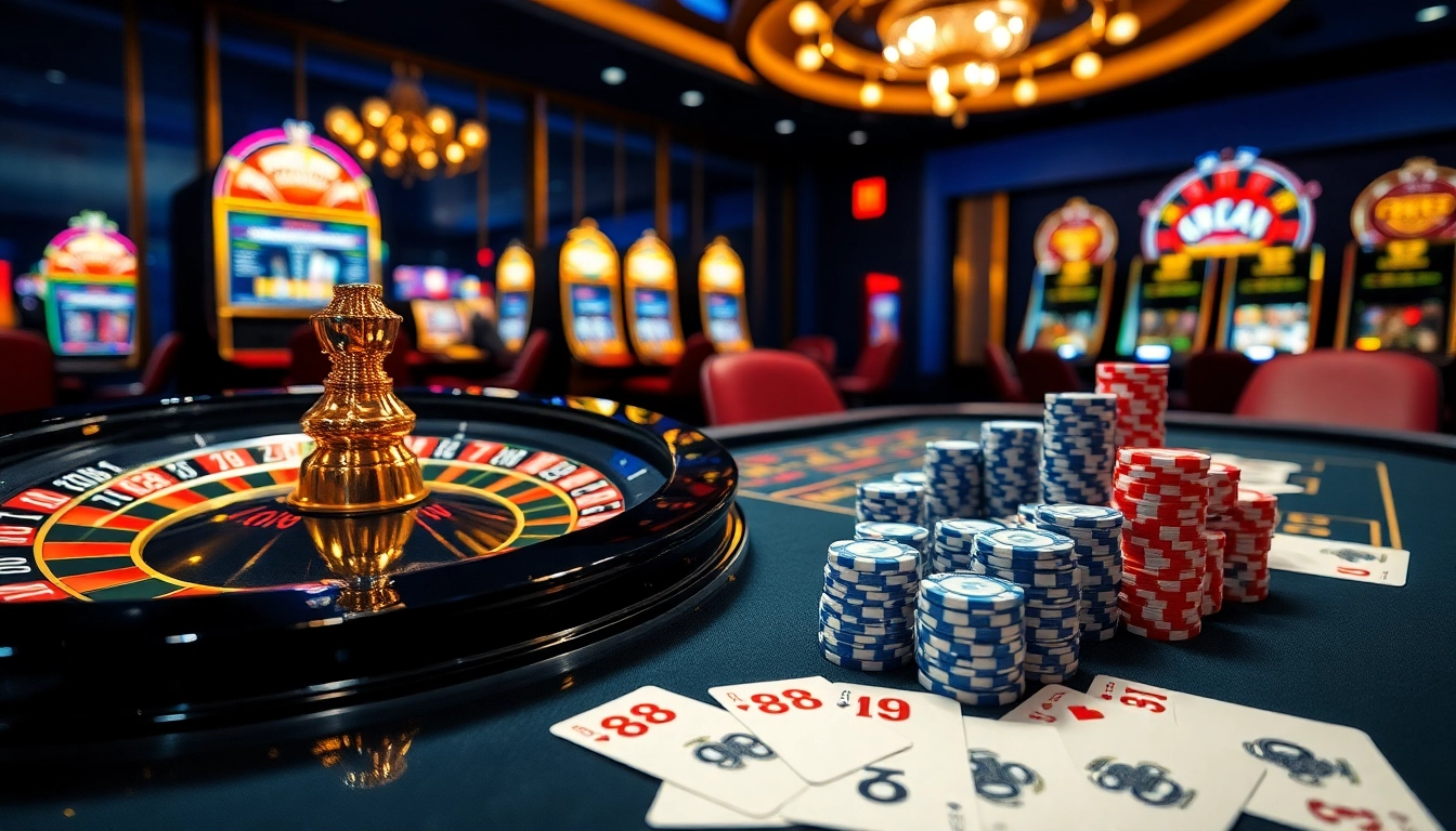 Experience the thrill of gambling at an 88aa casino table featuring vibrant poker chips and a roulette wheel.