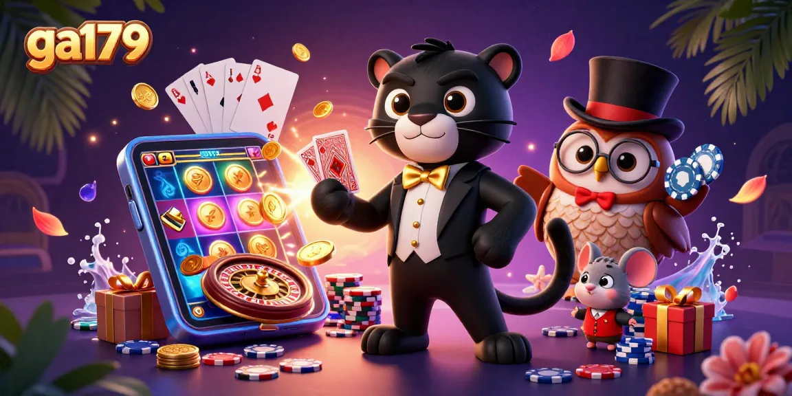 Experience the excitement of ga179 with a stylish panther dealing cards in a vibrant casino scene.