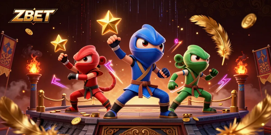 ZBET showcases a dynamic scene with ninja chameleons celebrating winning strategies in a vibrant casino setting.
