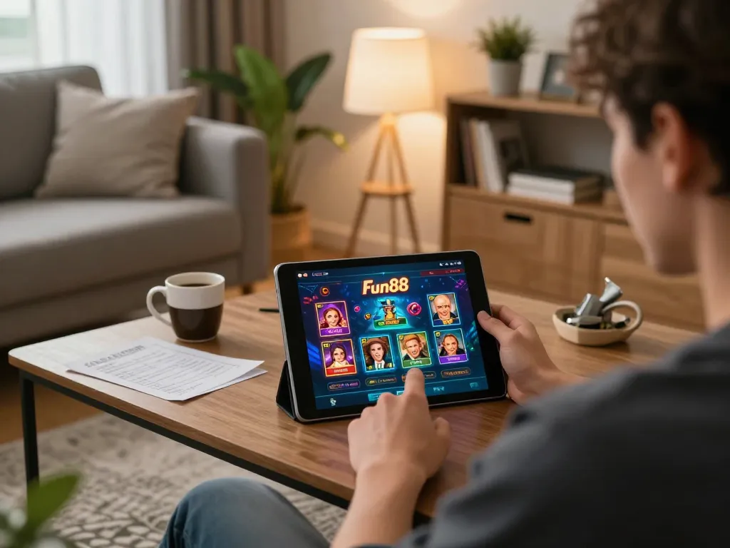 Person enjoying Fun88 online casino games in a cozy living room setting