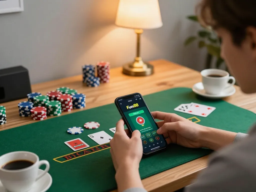 Engage with fun88's blackjack game on a smartphone while enjoying a cozy home atmosphere filled with casino vibes.
