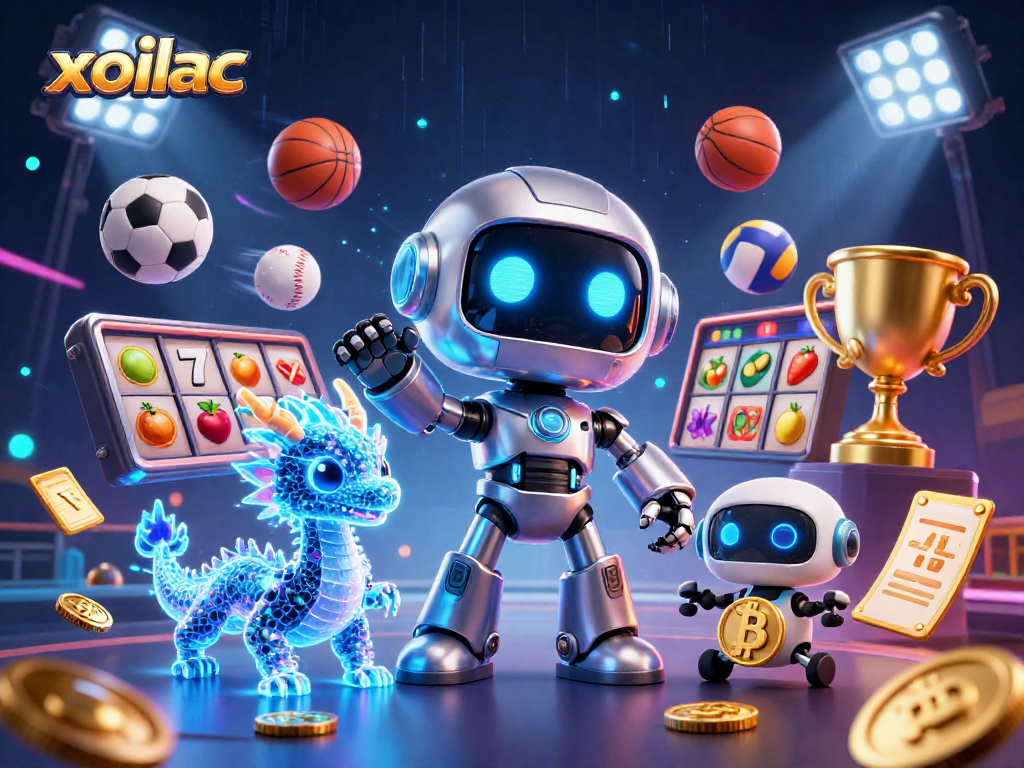 Xoilac showcases an exciting 3D digital casino scene with robotic characters and dynamic betting elements.