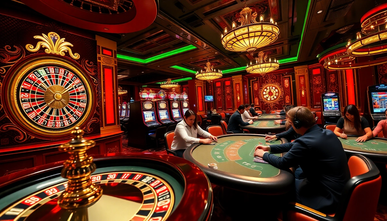 Experience the thrilling atmosphere of FLY88 with elegant casino tables and vibrant slot machines.