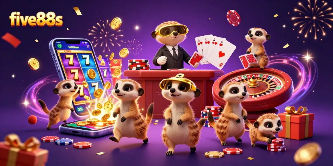 Engage in thrilling casino action with five88s, featuring meerkats in a vibrant gaming scene.